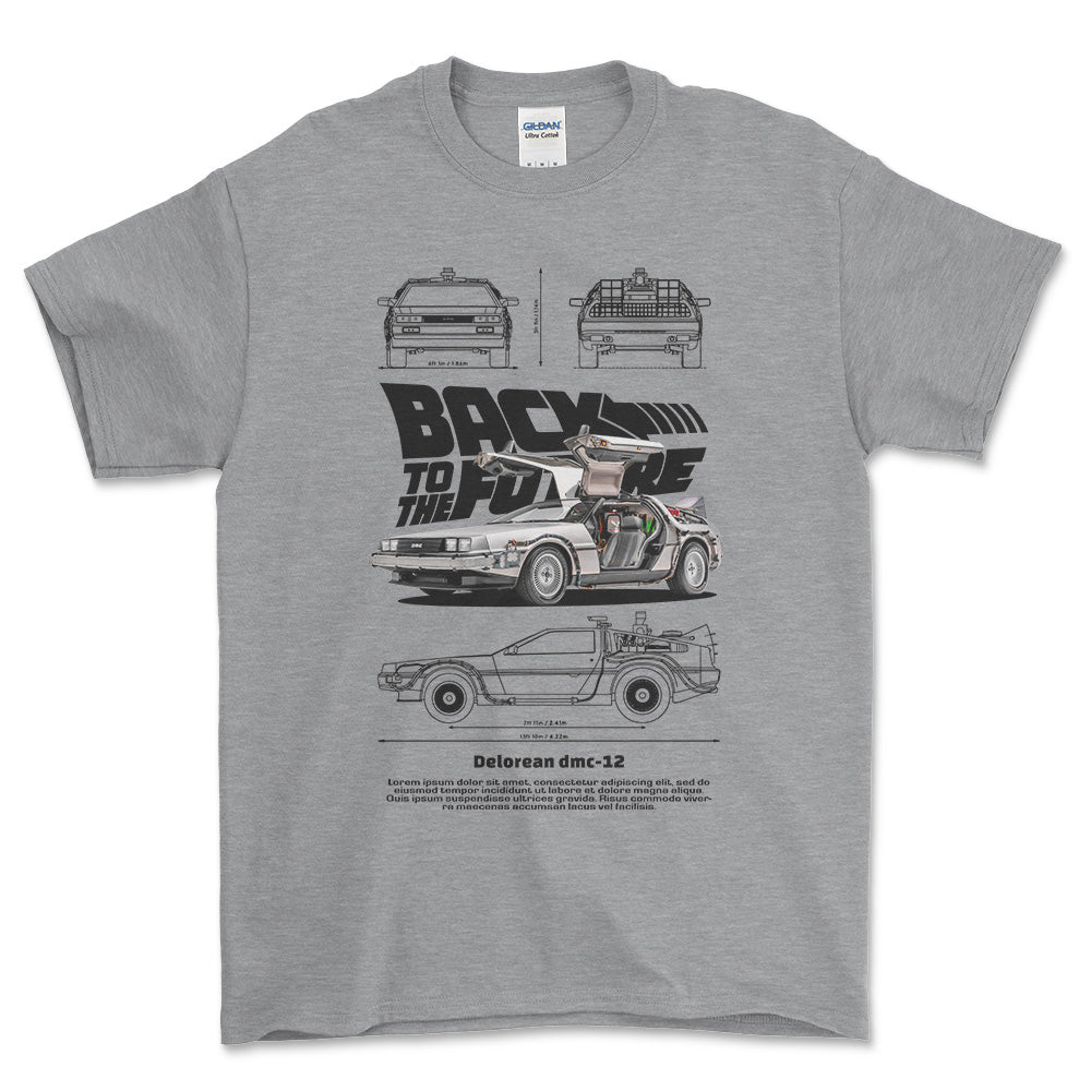 DeLorean DMC-12 - Unisex T-Shirt , Bomuld-Beklædning-DeLorean-Grå Sport-S-Forside-Garage Culture Shop- garage - man cave - merchandise