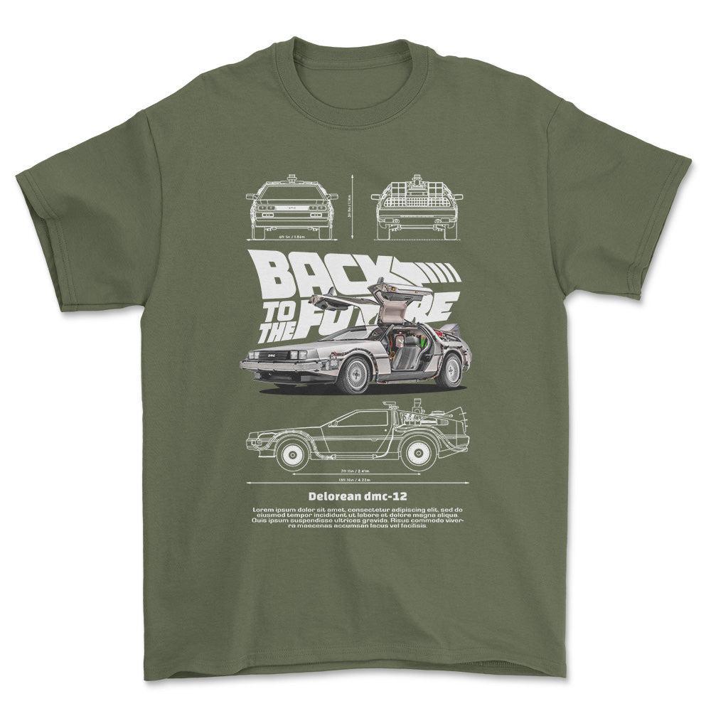 DeLorean DMC-12 - Unisex T-Shirt , Bomuld-Beklædning-DeLorean-Grøn Militær-S-Forside-Garage Culture Shop- garage - man cave - merchandise