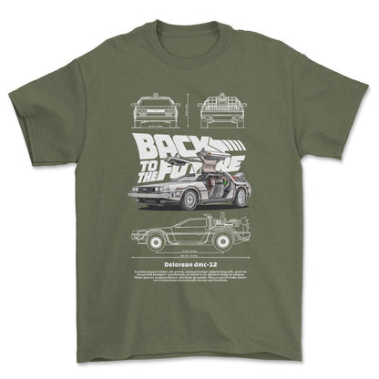 DeLorean DMC-12 - Unisex T-Shirt , Bomuld-Beklædning-DeLorean-Grøn Militær-S-Forside-Garage Culture Shop- garage - man cave - merchandise
