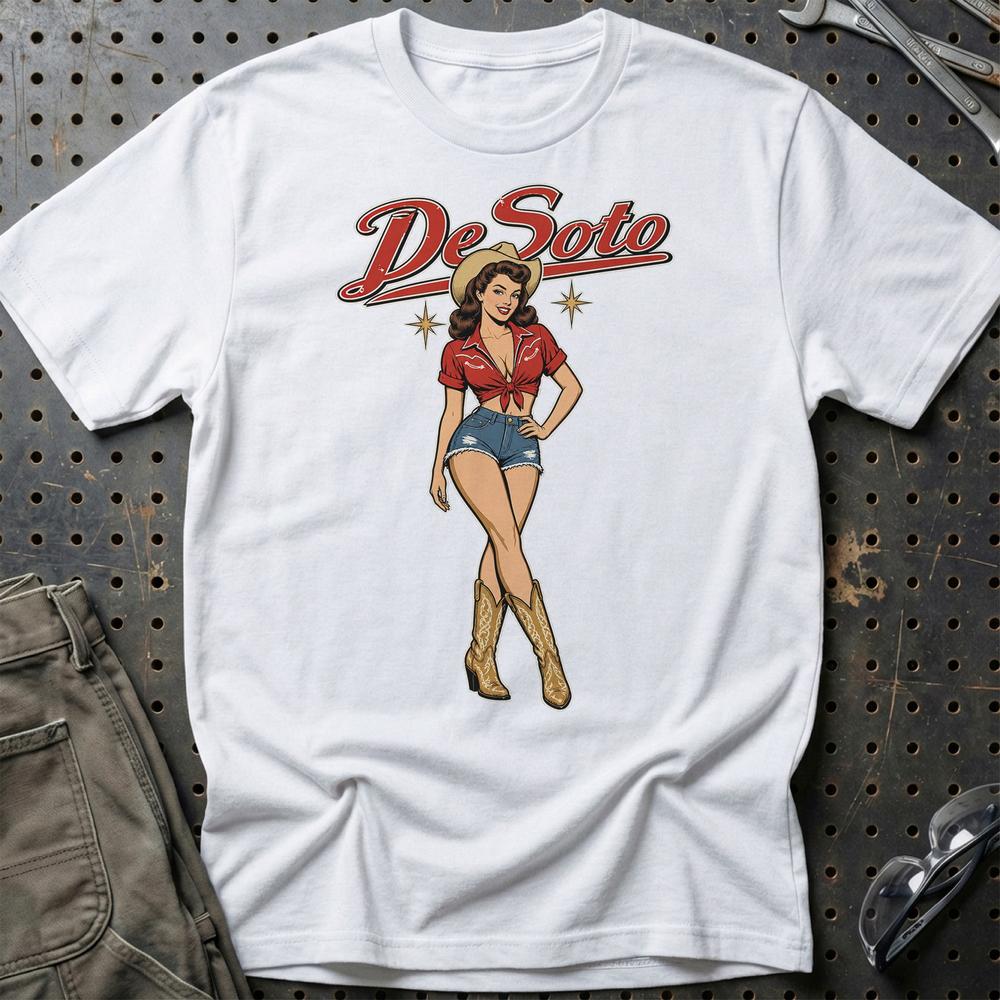DeSoto Cowboy Pinup T-Shirt-Beklædning-DeSoto-Hvid-S-Garage Culture Shop- garage - man cave - merchandise