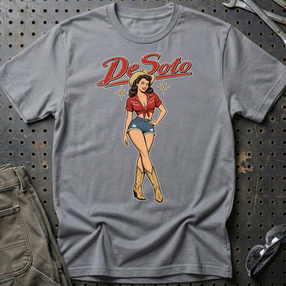 DeSoto Cowboy Pinup T-Shirt-Beklædning-DeSoto-Grå Sport-S-Garage Culture Shop- garage - man cave - merchandise