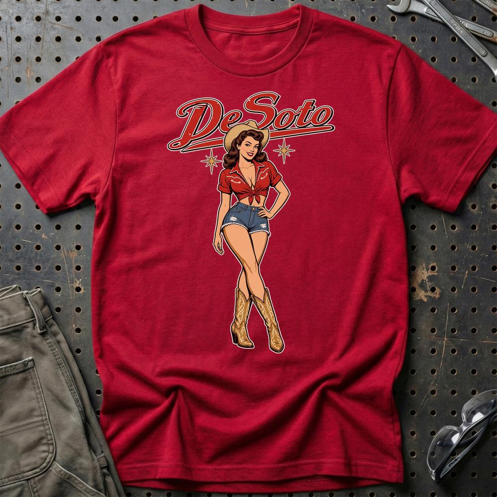 DeSoto Cowboy Pinup T-Shirt-Beklædning-DeSoto-Rød-S-Garage Culture Shop- garage - man cave - merchandise