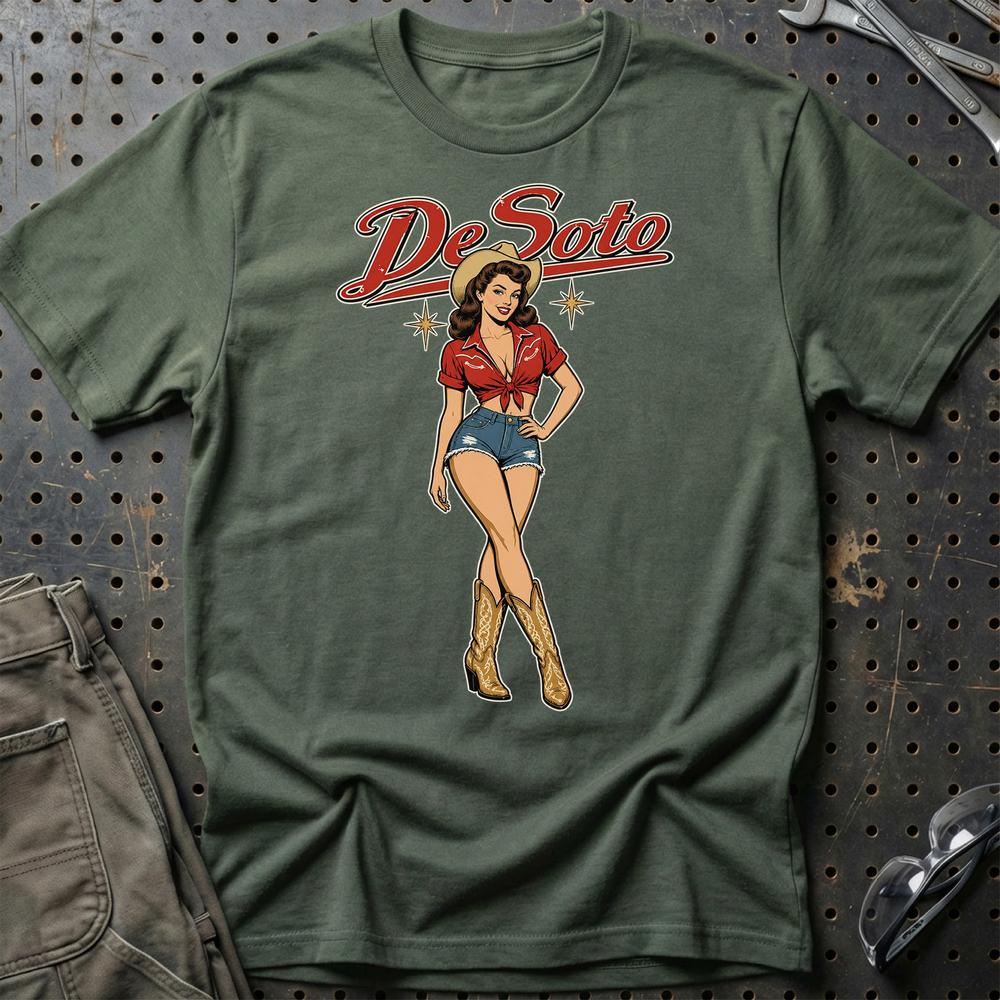 DeSoto Cowboy Pinup T-Shirt-Beklædning-DeSoto-Grøn Militær-S-Garage Culture Shop- garage - man cave - merchandise