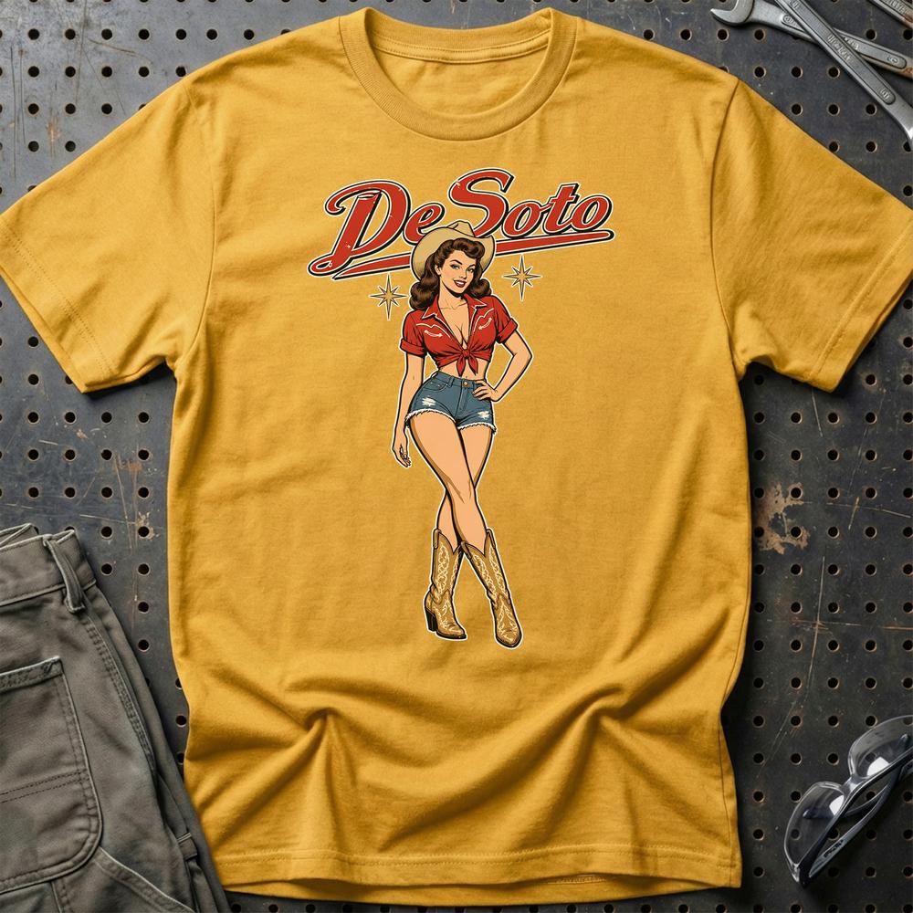 DeSoto Cowboy Pinup T-Shirt-Beklædning-DeSoto-Guld-S-Garage Culture Shop- garage - man cave - merchandise