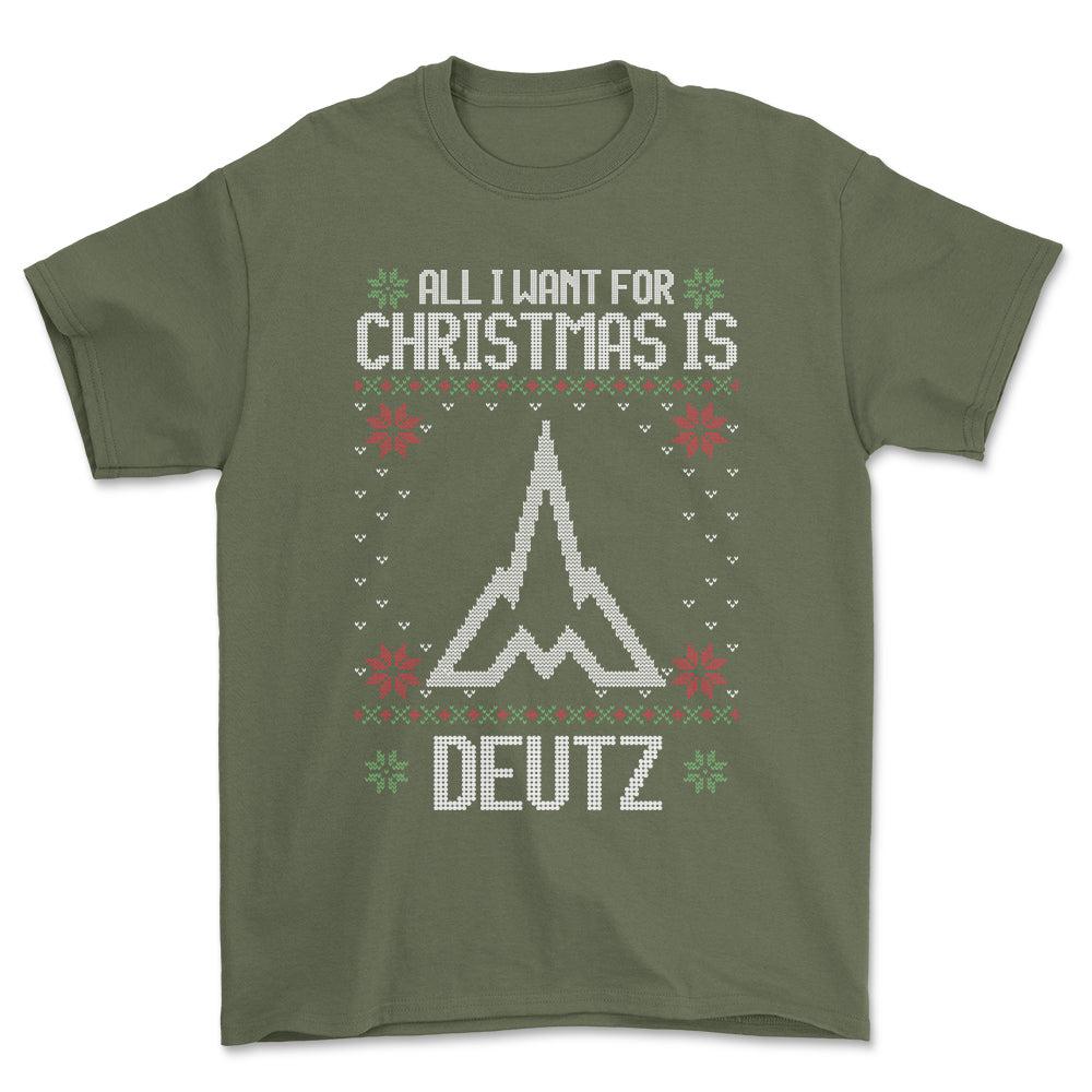 Deutz - All I Want For Christmas - Unisex T-Shirt , Bomuld-Beklædning-Deutz-Grøn Militær-S-Forside-Garage Culture Shop- garage - man cave - merchandise