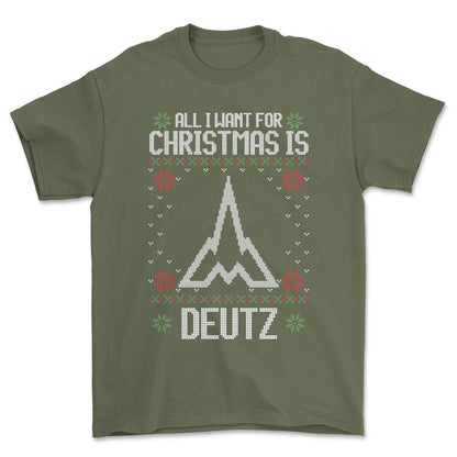 Deutz - All I Want For Christmas - Unisex T-Shirt , Bomuld-Beklædning-Deutz-Grøn Militær-S-Forside-Garage Culture Shop- garage - man cave - merchandise