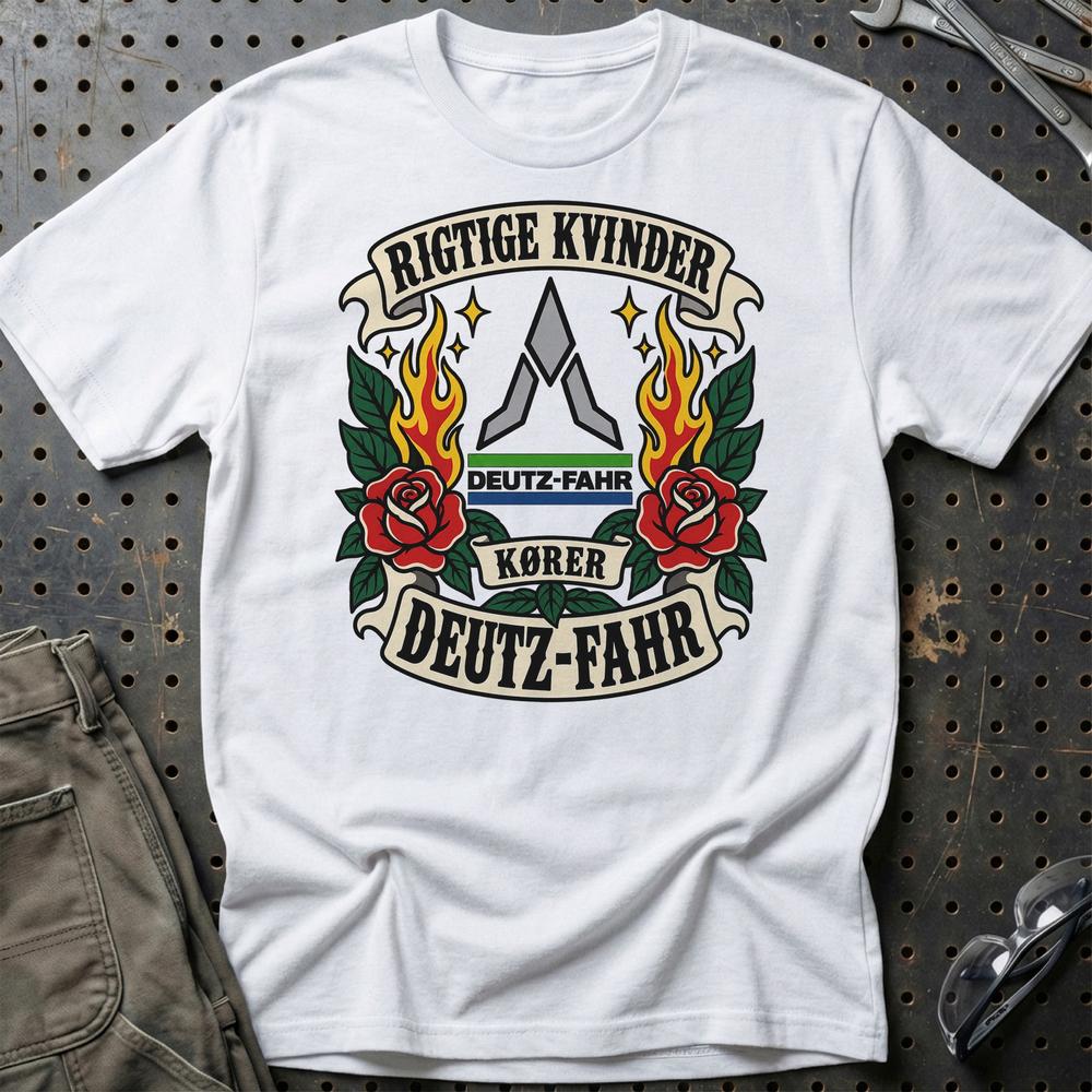 Deutz-Fahr Rigtige Kvinder Kører – Roser og Flammer T-Shirt-Beklædning-Deutz-Fahr-Hvid-S-Garage Culture Shop- garage - man cave - merchandise
