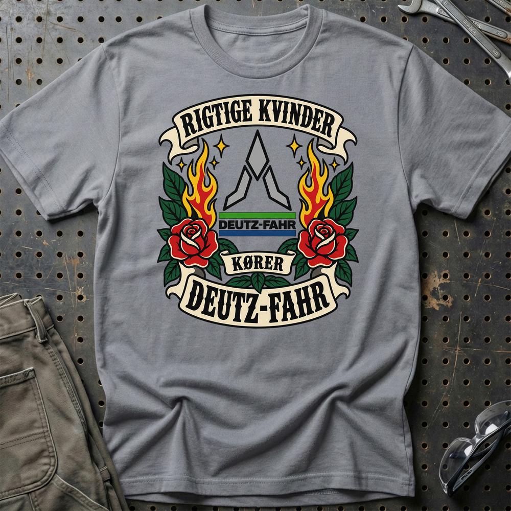 Deutz-Fahr Rigtige Kvinder Kører – Roser og Flammer T-Shirt-Beklædning-Deutz-Fahr-Grå Sport-S-Garage Culture Shop- garage - man cave - merchandise