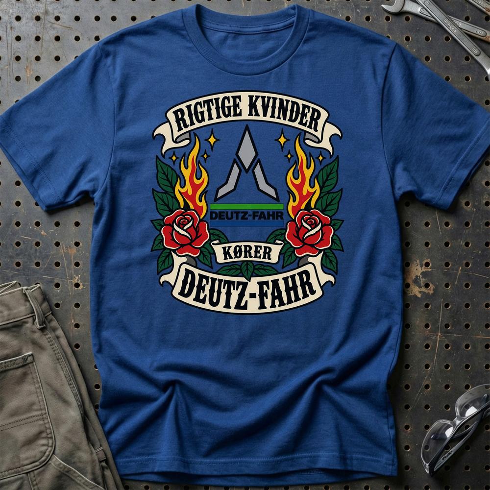 Deutz-Fahr Rigtige Kvinder Kører – Roser og Flammer T-Shirt-Beklædning-Deutz-Fahr-Blå Royal-S-Garage Culture Shop- garage - man cave - merchandise