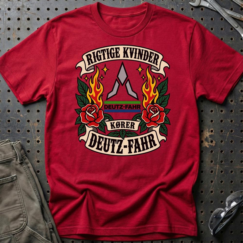 Deutz-Fahr Rigtige Kvinder Kører – Roser og Flammer T-Shirt-Beklædning-Deutz-Fahr-Rød-S-Garage Culture Shop- garage - man cave - merchandise