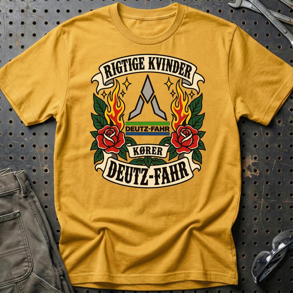 Deutz-Fahr Rigtige Kvinder Kører – Roser og Flammer T-Shirt-Beklædning-Deutz-Fahr-Guld-S-Garage Culture Shop- garage - man cave - merchandise