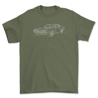 Dodge Challenger First gen - One Line Style Unisex T-Shirt-Beklædning-Dodge-Grøn Militær-S-Forside-Garage Culture Shop- garage - man cave - merchandise