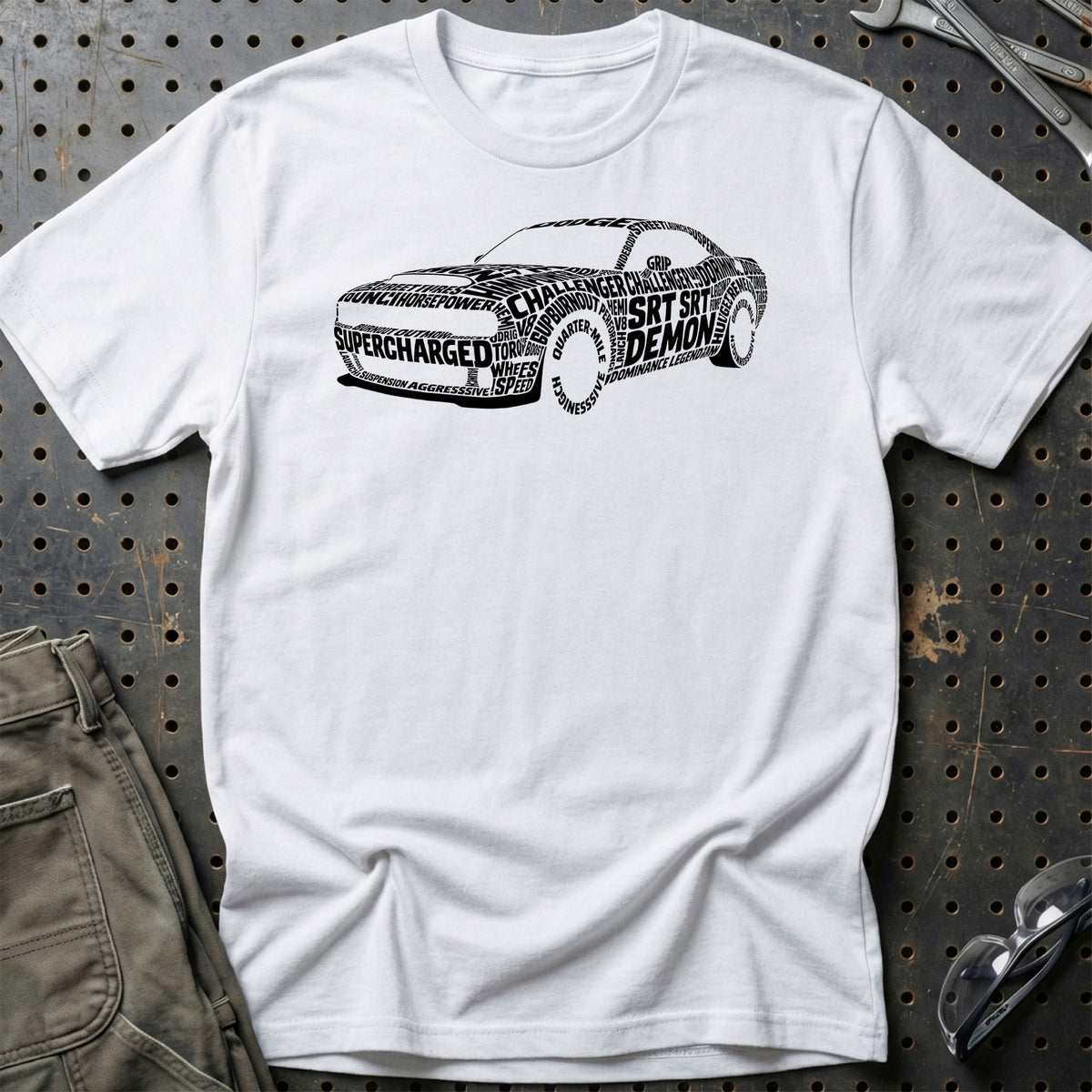
Dodge Challenger SRT Demon Old School Typography T-Shirt – Hvid