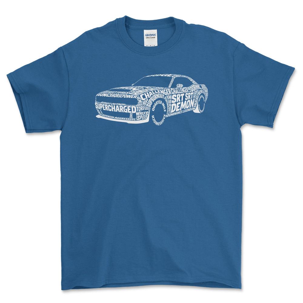 Dodge Challenger SRT Demon Old School Typography T-Shirt-Beklædning-Dodge-Blå Royal-S-Garage Culture Shop- garage - man cave - merchandise