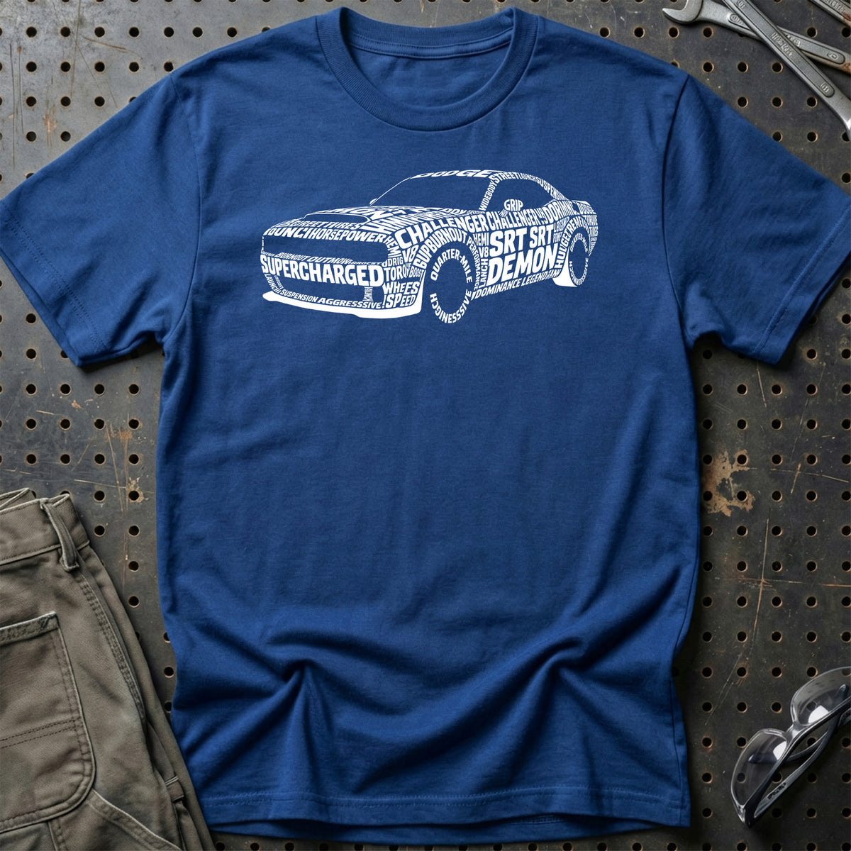 
Dodge Challenger SRT Demon Old School Typography T-Shirt – Blå Royal