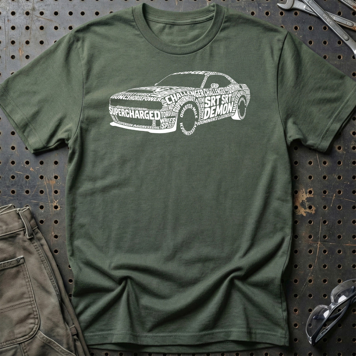 
Dodge Challenger SRT Demon Old School Typography T-Shirt – Grøn Militær