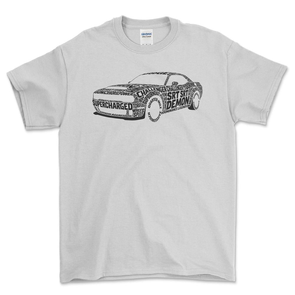 Dodge Challenger SRT Demon Old School Typography - Unisex T-Shirt-Beklædning-Dodge-Hvid-S-Forside-Garage Culture Shop- garage - man cave - merchandise