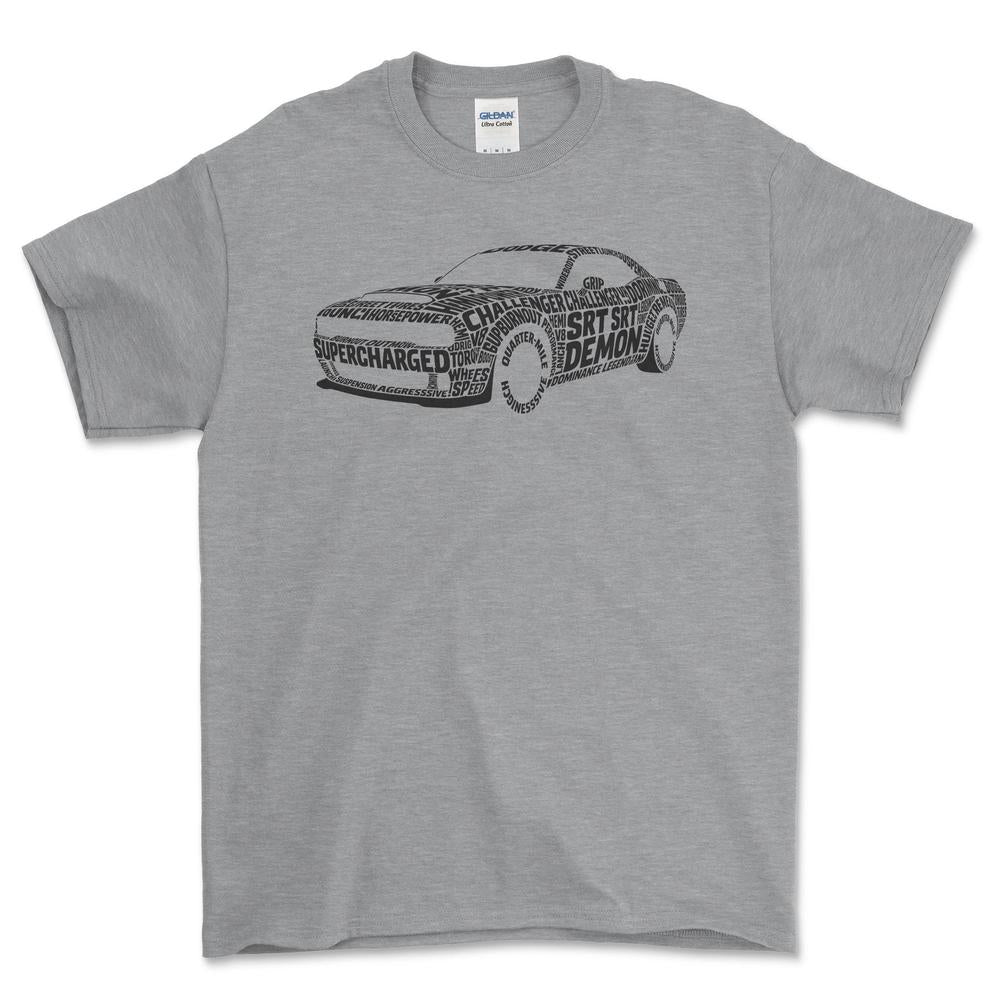 Dodge Challenger SRT Demon Old School Typography - Unisex T-Shirt-Beklædning-Dodge-Grå Sport-S-Forside-Garage Culture Shop- garage - man cave - merchandise