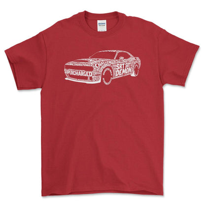 Dodge Challenger SRT Demon Old School Typography - Unisex T-Shirt-Beklædning-Dodge-Rød-S-Forside-Garage Culture Shop- garage - man cave - merchandise