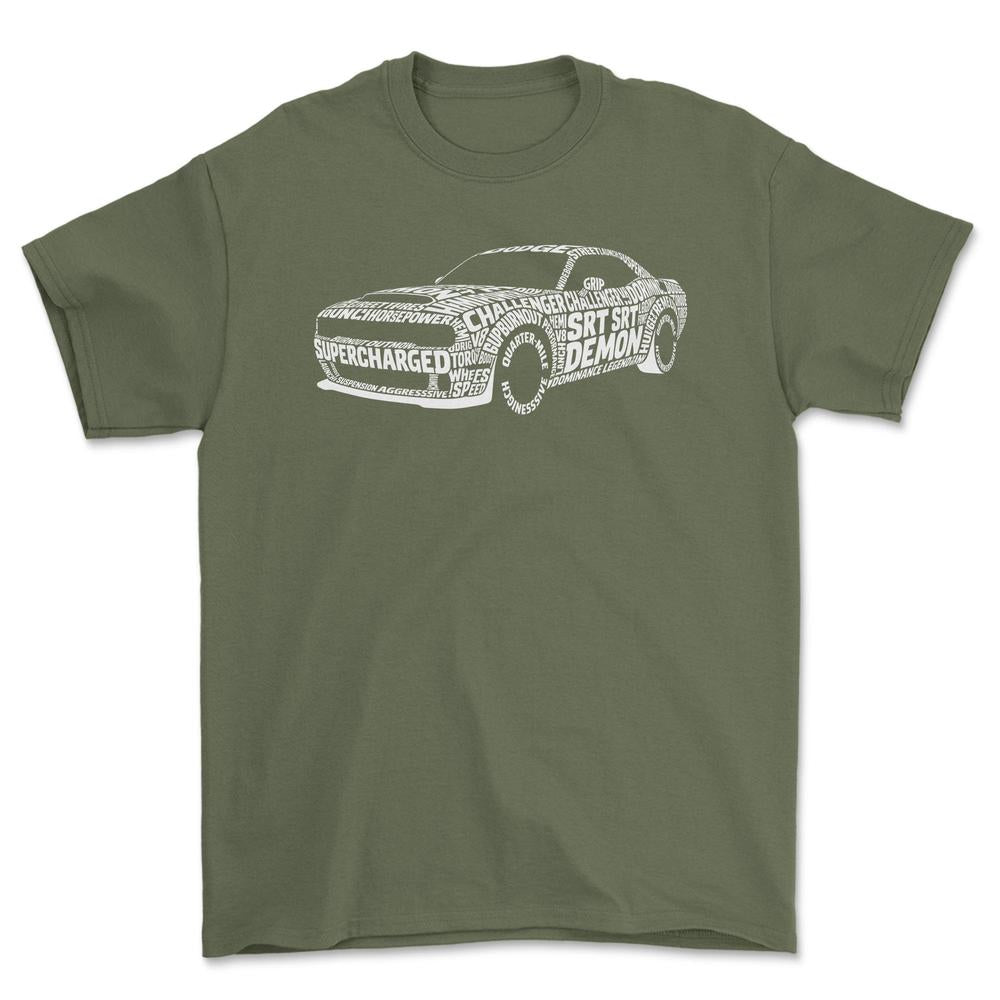 Dodge Challenger SRT Demon Old School Typography - Unisex T-Shirt-Beklædning-Dodge-Grøn Militær-S-Forside-Garage Culture Shop- garage - man cave - merchandise