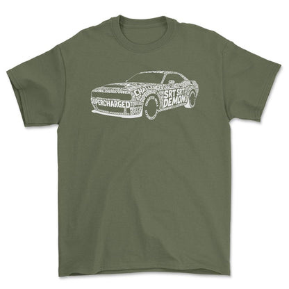 Dodge Challenger SRT Demon Old School Typography - Unisex T-Shirt-Beklædning-Dodge-Grøn Militær-S-Forside-Garage Culture Shop- garage - man cave - merchandise