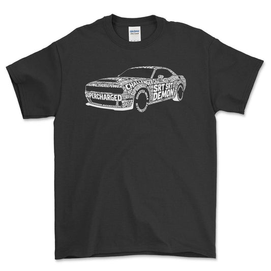 Dodge Challenger SRT Demon Old School Typography - Unisex T-Shirt-Beklædning-Dodge-Sort-S-Forside-Garage Culture Shop- garage - man cave - merchandise