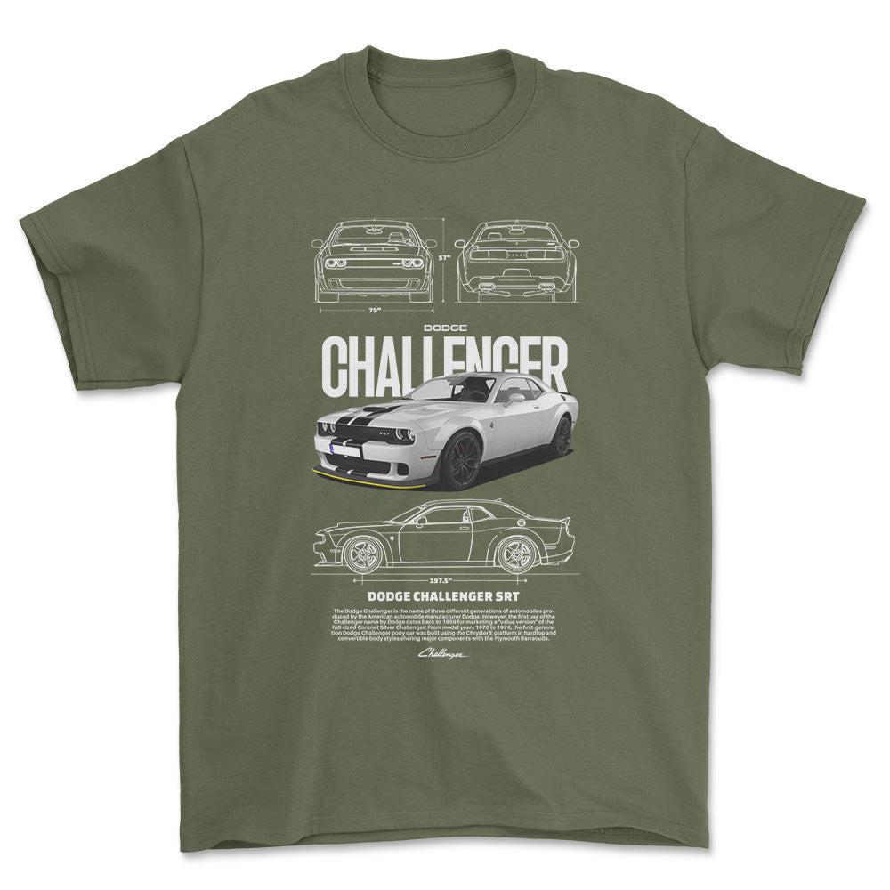 Dodge Challenger - Unisex T-Shirt , Bomuld-Beklædning-Dodge-Grøn Militær-S-Forside-Garage Culture Shop- garage - man cave - merchandise
