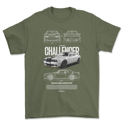 Dodge Challenger - Unisex T-Shirt , Bomuld-Beklædning-Dodge-Grøn Militær-S-Forside-Garage Culture Shop- garage - man cave - merchandise