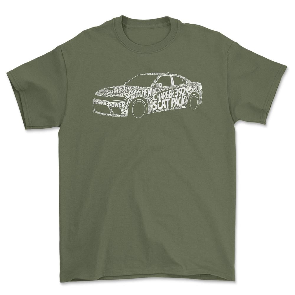 Dodge Charger 392 Scat Pack Old School Typography - Unisex T-Shirt-Beklædning-Dodge-Grøn Militær-S-Forside-Garage Culture Shop- garage - man cave - merchandise