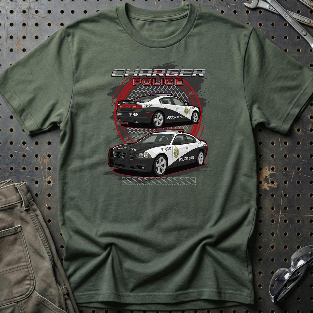 Dodge Charger Police Fast And Furios Cars T-Shirt-Beklædning-Dodge-Grøn Militær-S-Garage Culture Shop- garage - man cave - merchandise