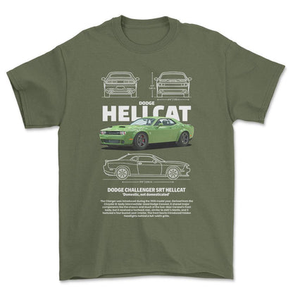 Dodge Charger SRT Hellcat - Unisex T-Shirt , Bomuld-Beklædning-Dodge-Grøn Militær-S-Forside-Garage Culture Shop- garage - man cave - merchandise