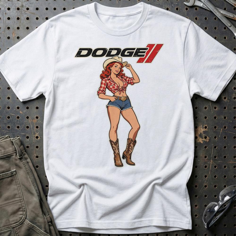 Dodge Cowboy Pinup T-Shirt-Beklædning-Dodge-Hvid-S-Garage Culture Shop- garage - man cave - merchandise