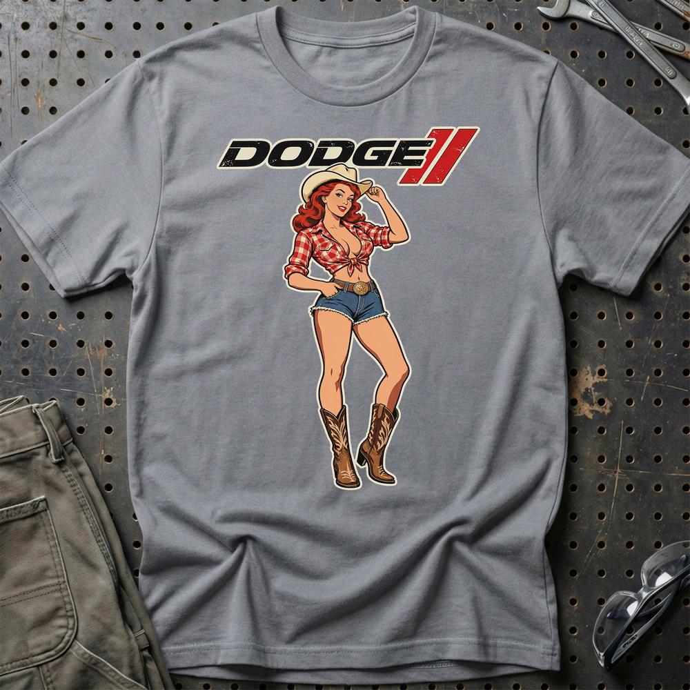 Dodge Cowboy Pinup T-Shirt-Beklædning-Dodge-Grå Sport-S-Garage Culture Shop- garage - man cave - merchandise