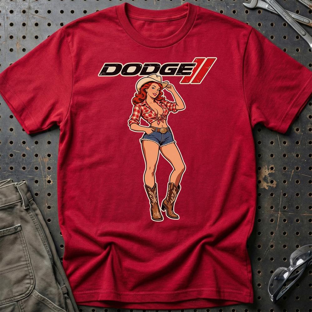Dodge Cowboy Pinup T-Shirt-Beklædning-Dodge-Rød-S-Garage Culture Shop- garage - man cave - merchandise