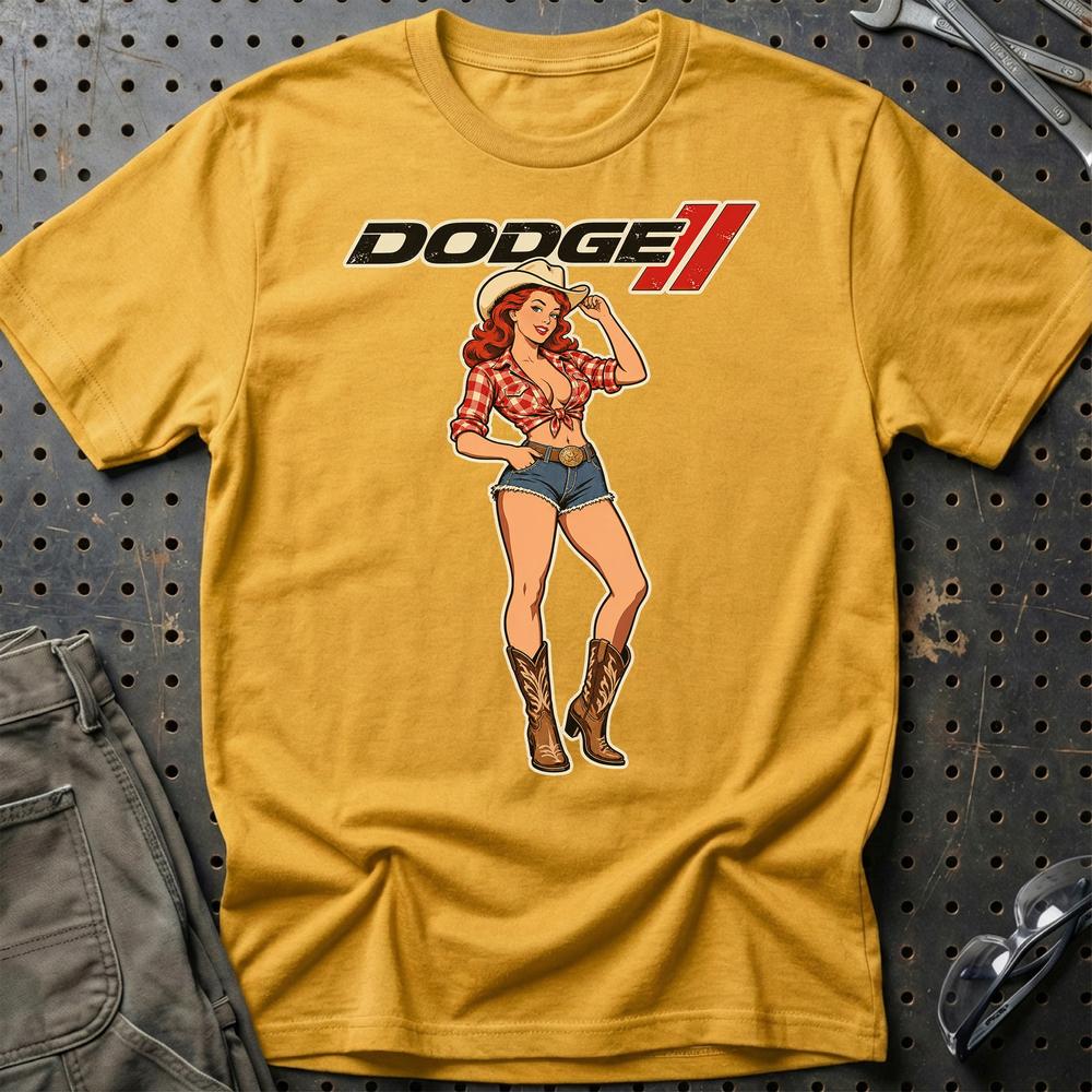 Dodge Cowboy Pinup T-Shirt-Beklædning-Dodge-Guld-S-Garage Culture Shop- garage - man cave - merchandise