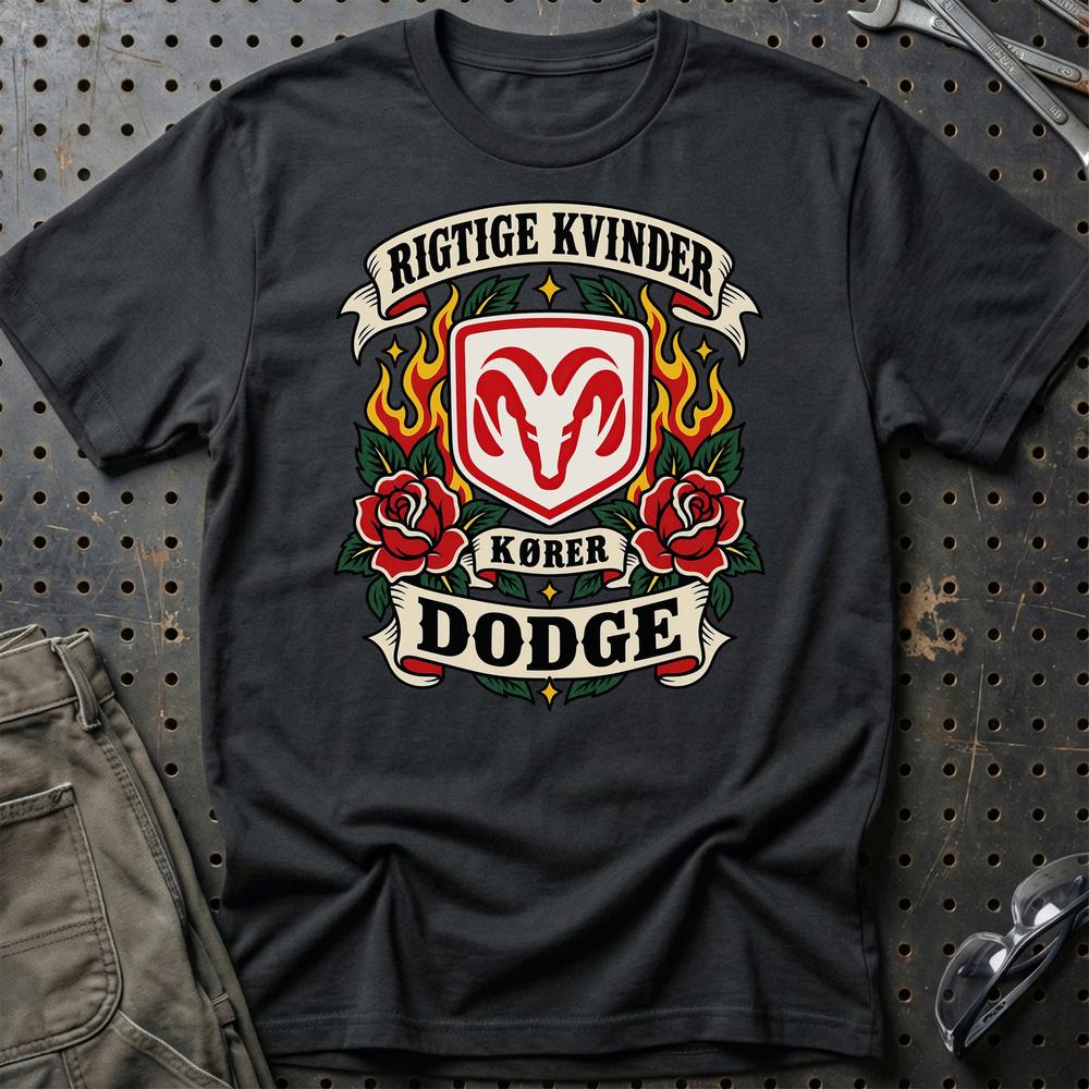 Dodge Rigtige Kvinder Kører – Roser og Flammer T-Shirt-Beklædning-Dodge-Sort-S-Garage Culture Shop- garage - man cave - merchandise