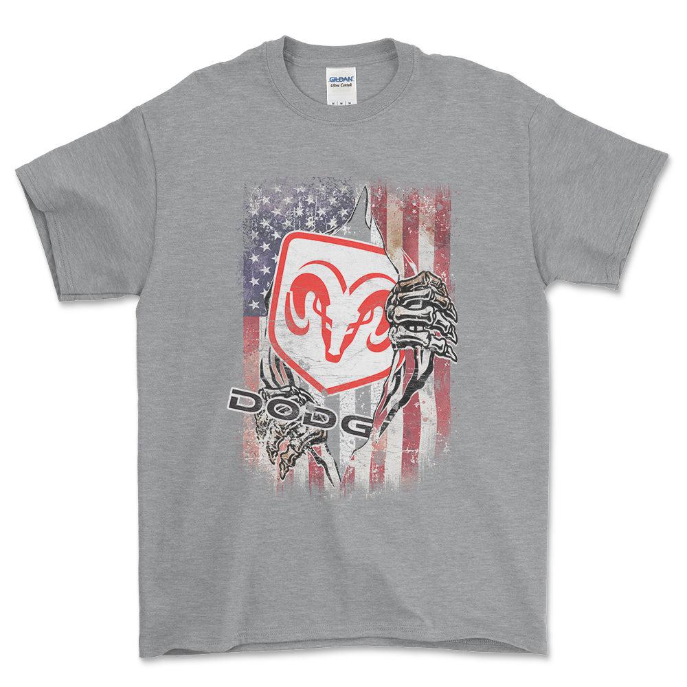 Dodge US Flag Unisex T-Shirt , Bomuld-Beklædning-Dodge-Grå Sport-S-Forside-Garage Culture Shop- garage - man cave - merchandise