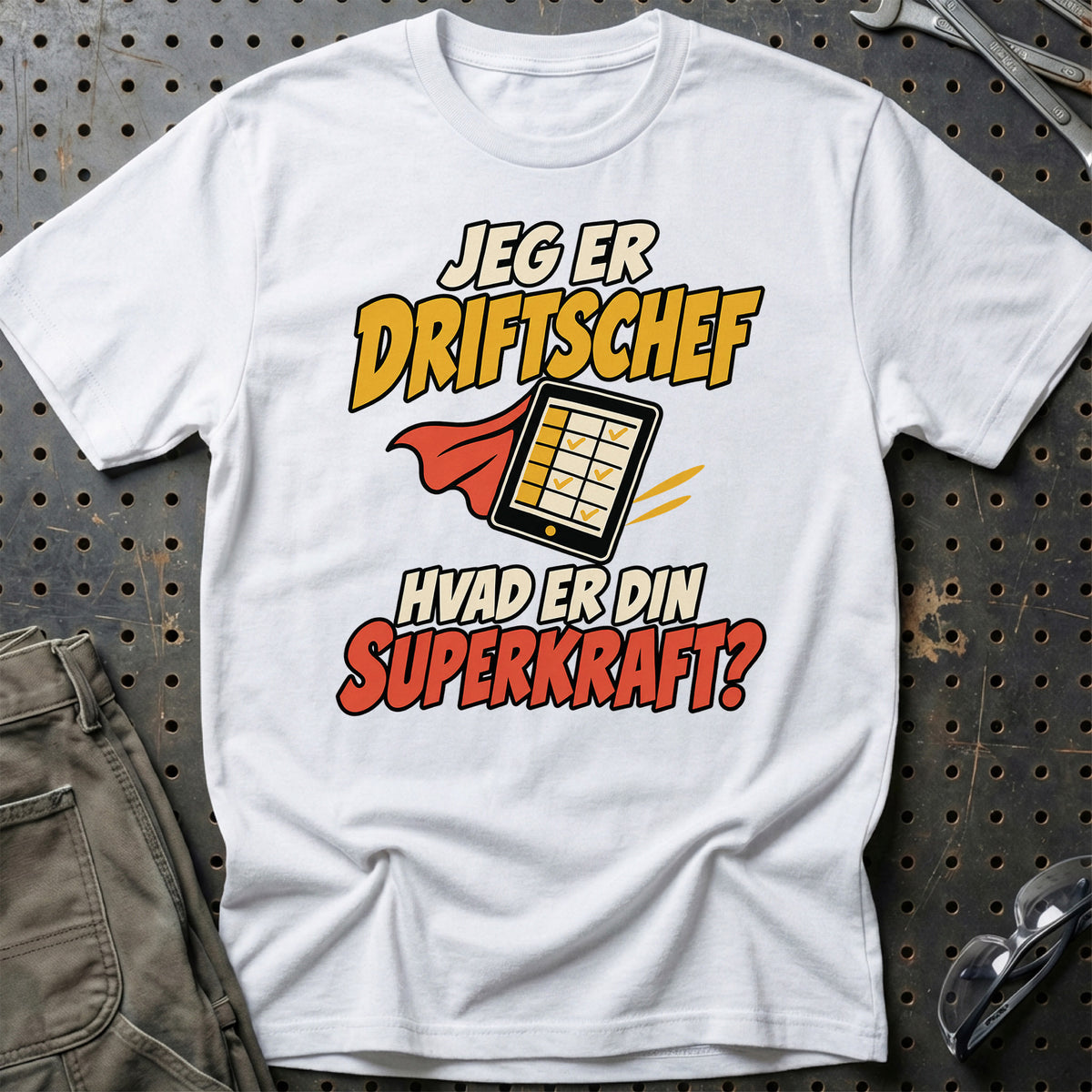 
Driftschef – Hvad er din superkraft? – Unisex T-Shirt – Hvid