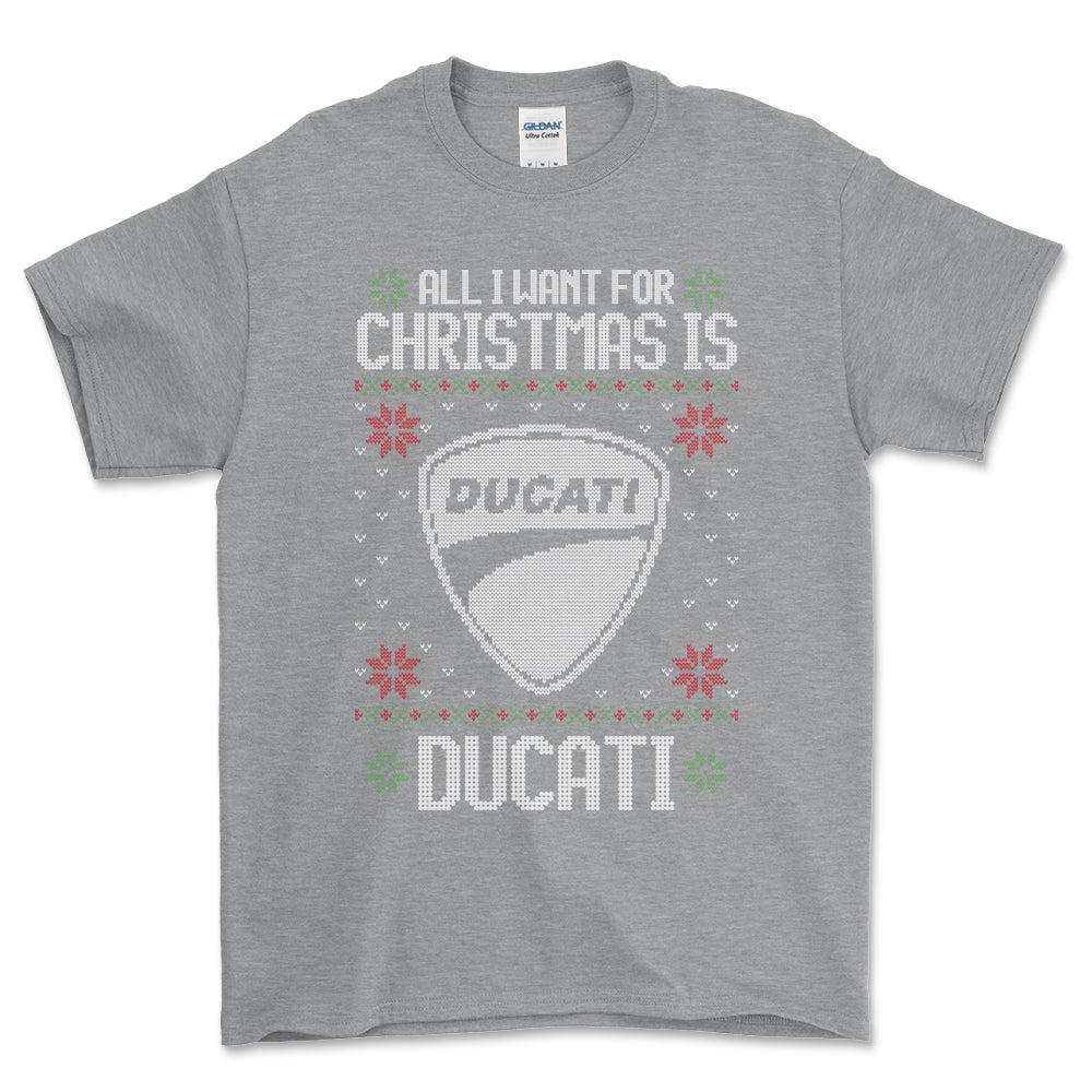 Ducati - All I Want For Christmas - Unisex T-Shirt , Bomuld-Beklædning-Ducati-Grå Sport-S-Forside-Garage Culture Shop- garage - man cave - merchandise