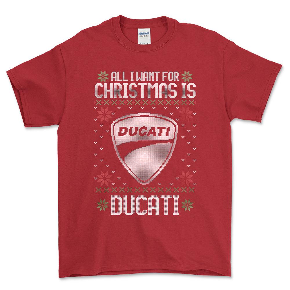 Ducati - All I Want For Christmas - Unisex T-Shirt , Bomuld-Beklædning-Ducati-Rød-S-Forside-Garage Culture Shop- garage - man cave - merchandise