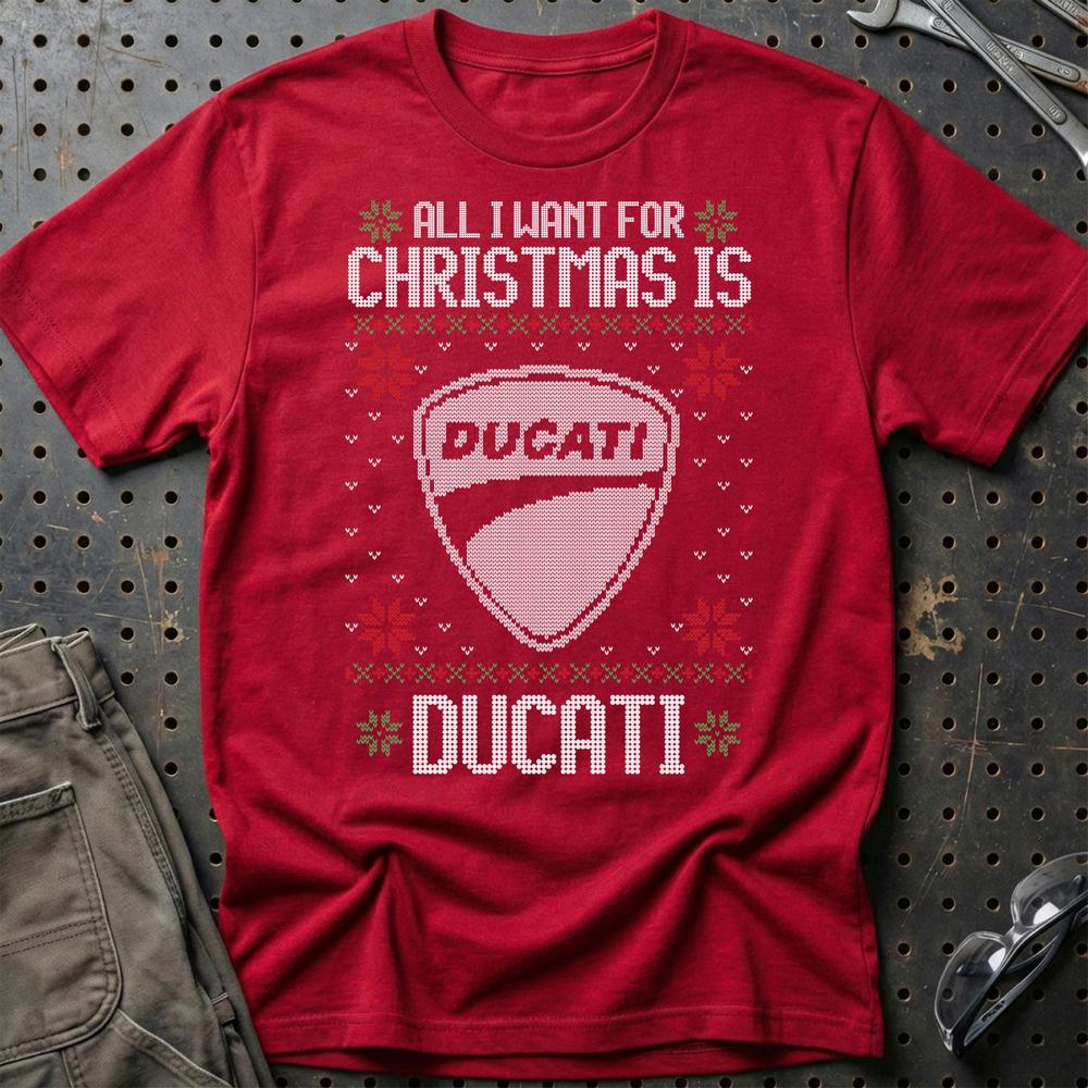 Ducati - All I Want For Christmas - Unisex T-Shirt , Bomuld-Beklædning-Ducati-Rød-S-Garage Culture Shop- garage - man cave - merchandise