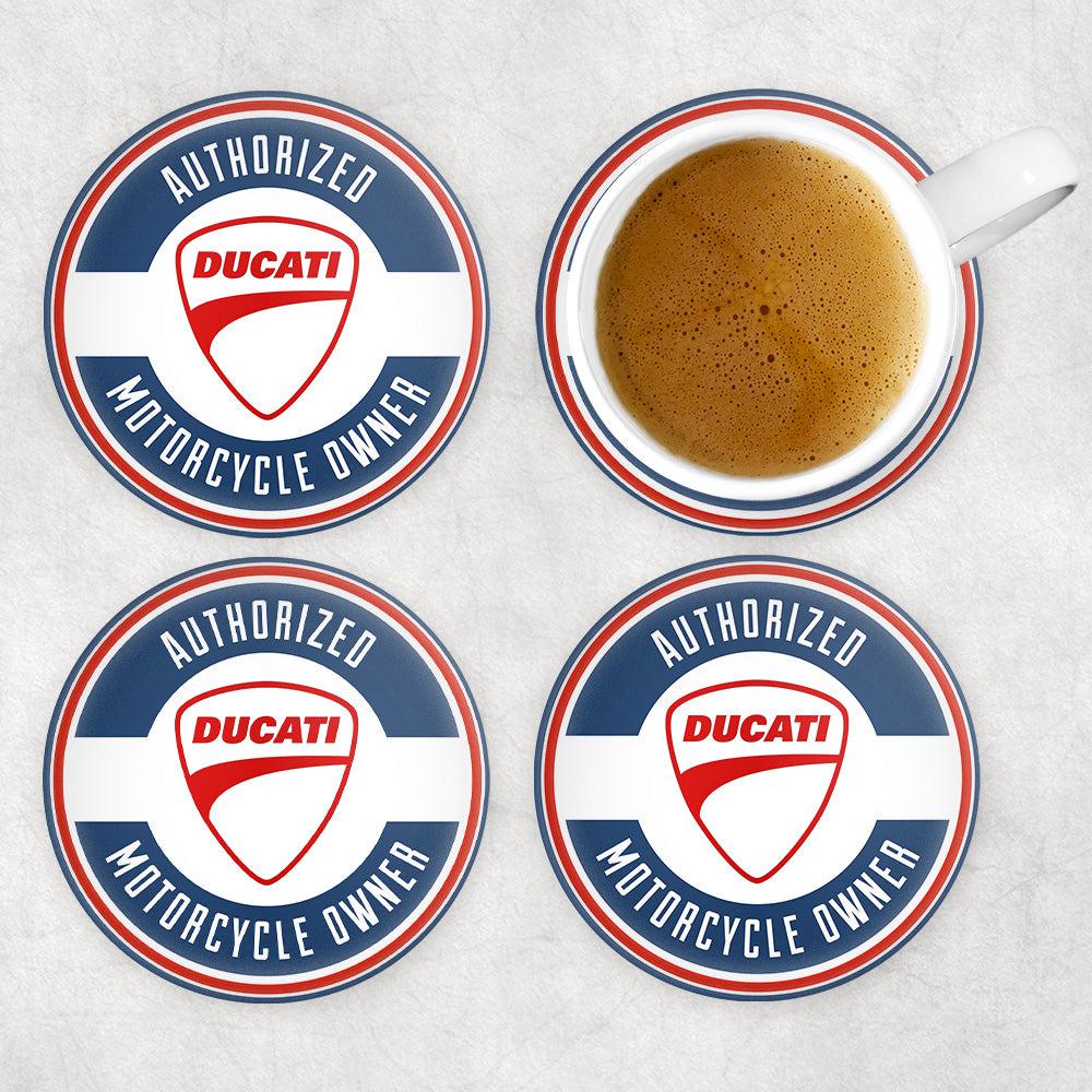 Ducati Authorized Motorcycle Owner, Runde Skilte , Musemåtte Rundt , Kop Underlag, Underlagssæt-Runde Skilte-Ducati-Garage Culture Shop- garage - man cave - merchandise