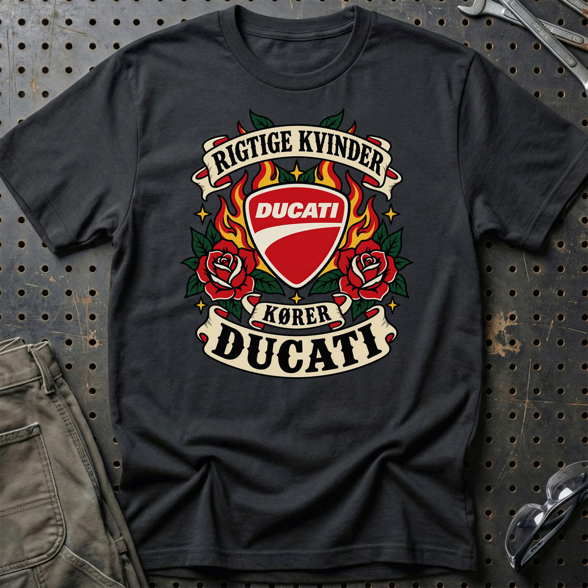 Ducati Rigtige Kvinder Kører – Roser og Flammer T-Shirt – Sort