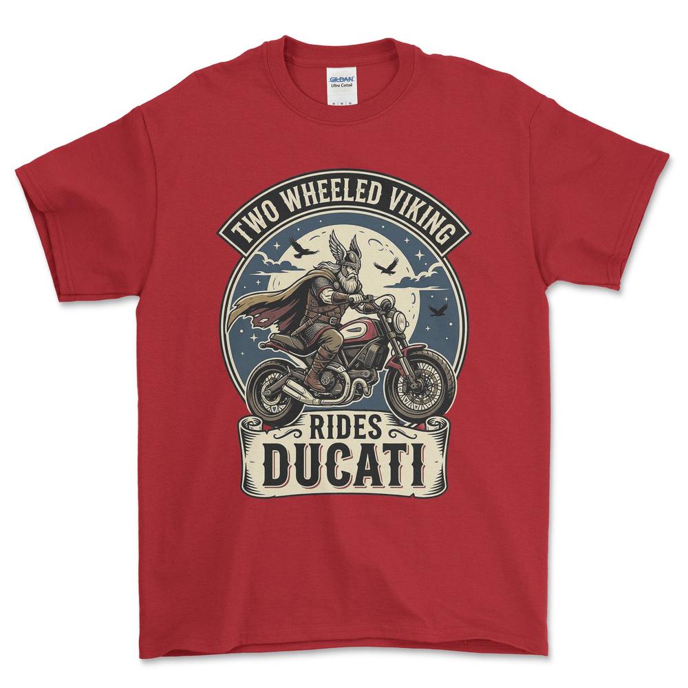 Ducati Two Wheeled Viking Rides Ducati - Unisex T-Shirt , Bomuld-Beklædning-Ducati-Rød-S-Forside-Garage Culture Shop- garage - man cave - merchandise