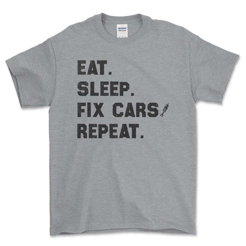 Eat Sleep Fix Cars Repeat T-Shirt , Bomuld-Beklædning-Garage Culture-Grå Sport-S-Forside-Garage Culture Shop- garage - man cave - merchandise