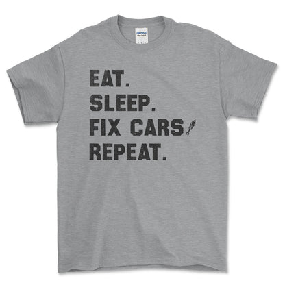 Eat Sleep Fix Cars Repeat T-Shirt , Bomuld-Beklædning-Garage Culture-Grå Sport-S-Forside-Garage Culture Shop- garage - man cave - merchandise