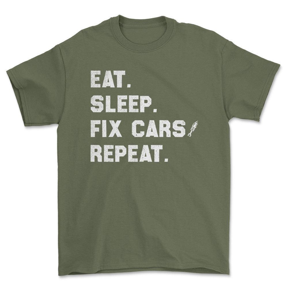 Eat Sleep Fix Cars Repeat T-Shirt , Bomuld-Beklædning-Garage Culture-Grøn Militær-S-Forside-Garage Culture Shop- garage - man cave - merchandise