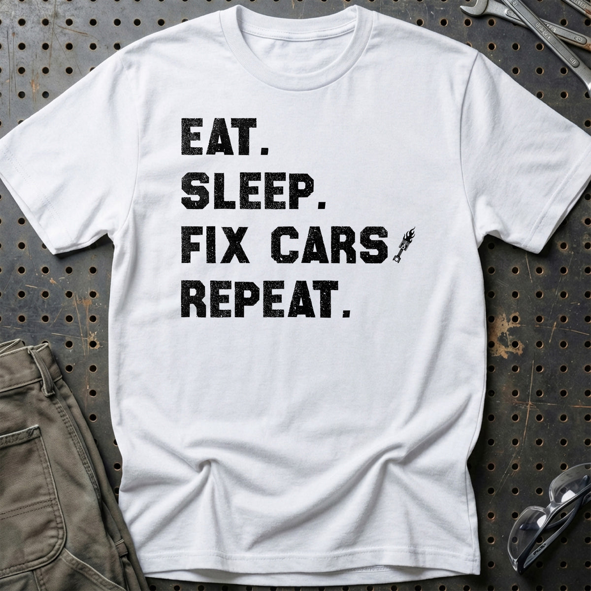 
Eat Sleep Fix Cars Repeat T-Shirt – Hvid