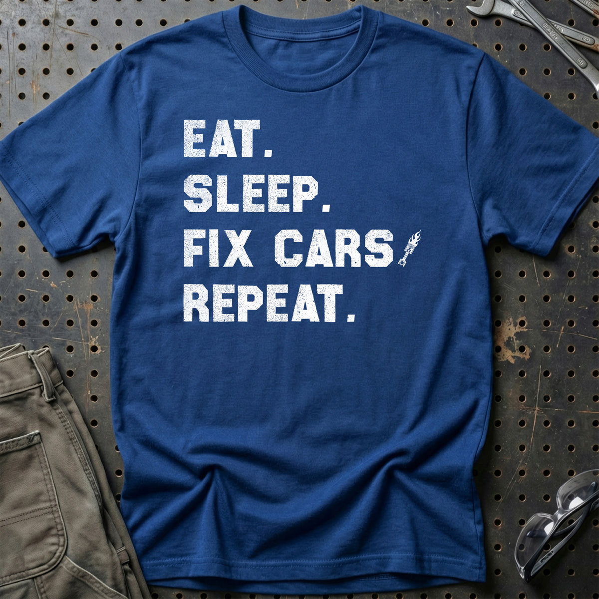 
Eat Sleep Fix Cars Repeat T-Shirt – Blå Royal