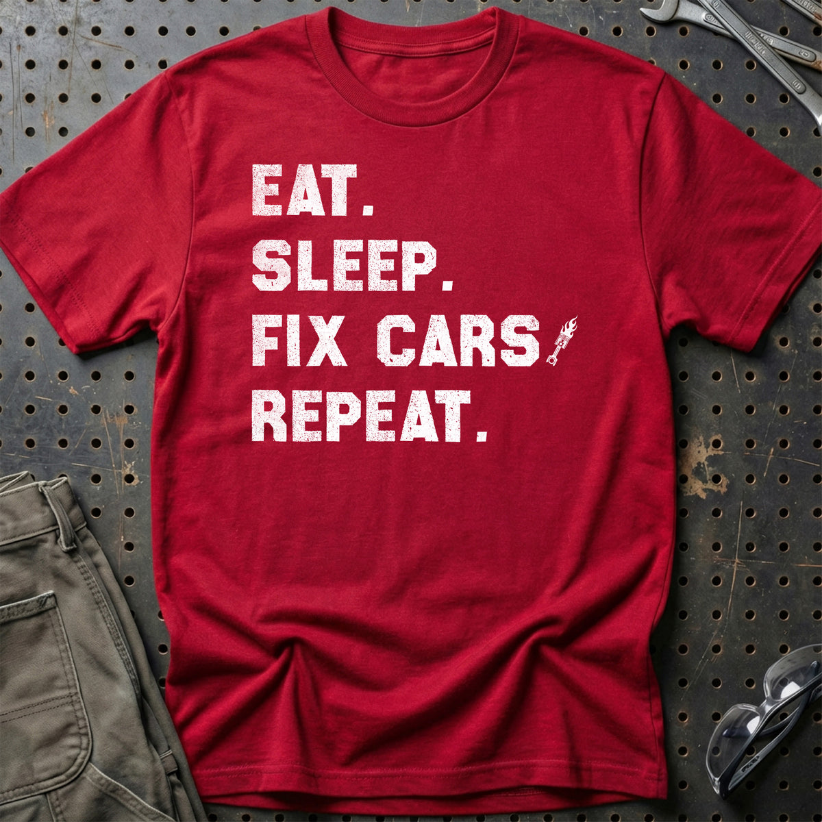 
Eat Sleep Fix Cars Repeat T-Shirt – Rød